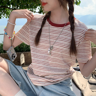 T恤女2025夏冰丝竹节棉薄款 龙妹家红色条纹正肩短袖 宽松棉麻上衣