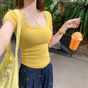T恤女装 新款 龙妹家橘色大方领正肩短袖 2025夏季 上衣 修身 显瘦半袖