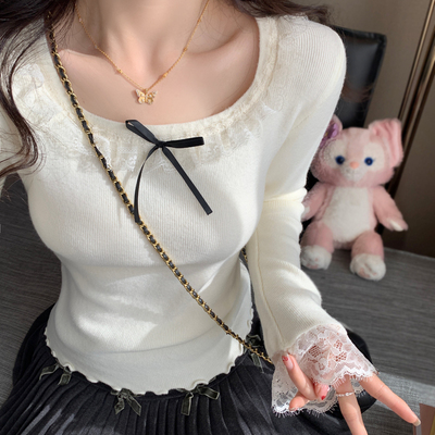 圆领蕾丝边打底衫女内搭修身显瘦