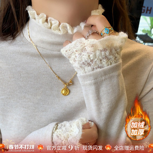 龙妹米白色半高领加绒打底衫女士内搭2026冬新款T恤蕾丝长袖上衣