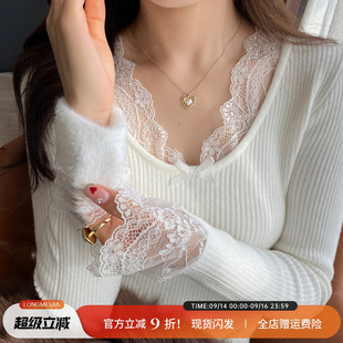 v领蕾丝加绒加厚针织打底衫女2026春秋新款白色内搭毛衣保暖上衣