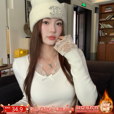 【加绒加厚打底衫】蕾丝边针织衫
