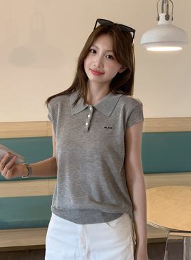 龙妹灰色POLO领针织短袖T恤女外穿2026夏季新款韩系穿搭气质上衣