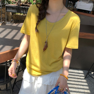 半袖 龙妹家黄色V领棉麻短袖 薄款 T恤女2025夏季 宽松冰丝小上衣 新款