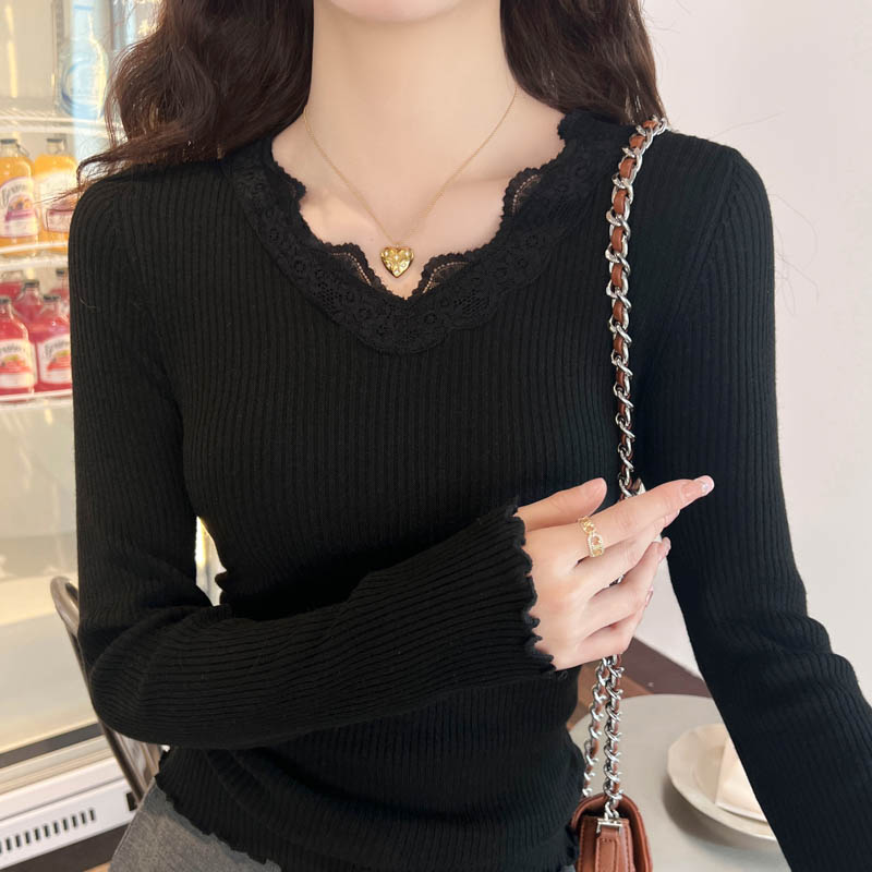 木耳边蕾丝针织打底衫女