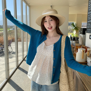 罩衫 薄款 好看上衣 外套女外穿2026春夏新款 龙妹家蓝色圆领针织开衫