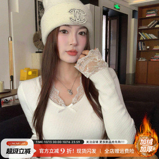 龙妹V领蕾丝加绒加厚白色毛衣女内搭2026新款冬季针织上衣打底衫