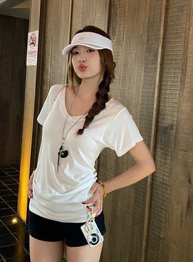 白色V领正肩短袖T恤女修身