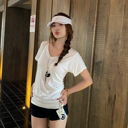 白色V领正肩短袖T恤女修身