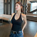 龙妹黑色挂脖吊带带胸垫背心女夏外穿内搭新款露背无袖美背小上衣