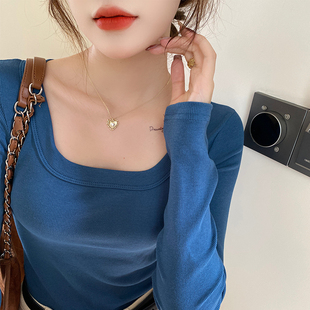 蓝色方领打底衫女装内搭2026春装新款正肩显瘦修身长袖T恤小上衣