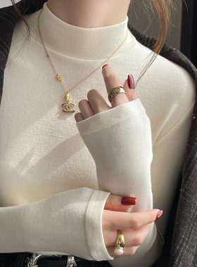 杏色磨毛加绒打底衫女内搭2026冬新款修身长袖T恤半高领白色上衣