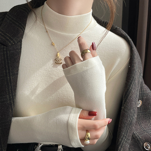 长袖 修身 T恤半高领白色上衣 女内搭2026冬新款 杏色磨毛加绒打底衫