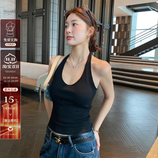 龙妹黑色挂脖吊带带胸垫背心女秋外穿内搭新款露背无袖美背小上衣