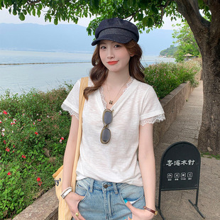龙妹家白色蕾丝V领正肩短袖 冰丝棉麻宽松上衣 T恤女2025夏新款 薄款