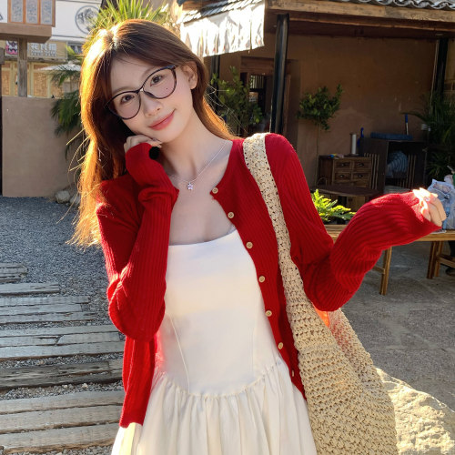 【红色针织开衫外套】女外穿上衣