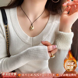 加绒加厚低领打底衫女款内搭秋冬季修身保暖白色V领毛衣针织上衣