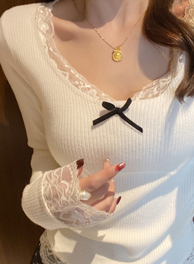 白色蕾丝打底衫女内搭2025新款圆领毛衣秋冬季修身高级感上衣保暖