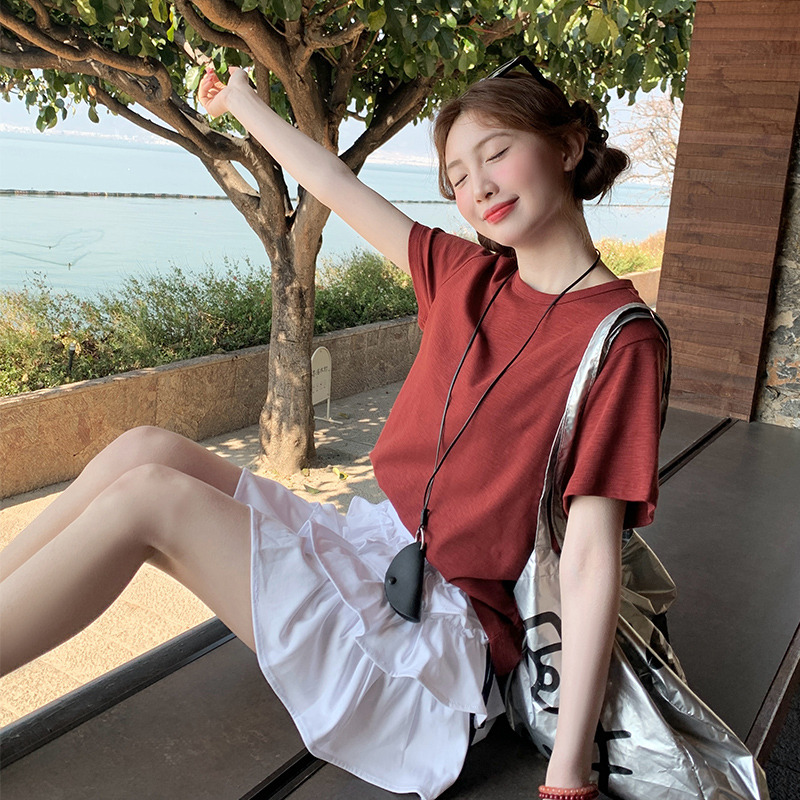 龙妹家红色圆领正肩短袖T恤女2025新款夏日穿搭高级宽松显瘦上衣