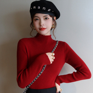 安可拉红色长袖羊绒打底衫女冬季内搭2026新款半高领毛衣针织上衣