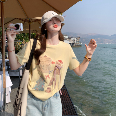 黄色正肩宽松短袖T恤女