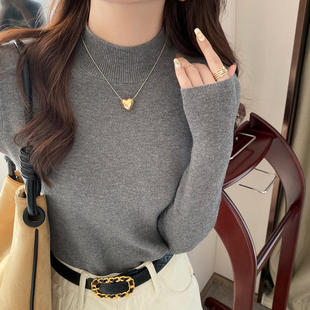 半高领毛衣女秋冬2025新款 内搭灰色针织高级感上衣 加绒加厚打底衫