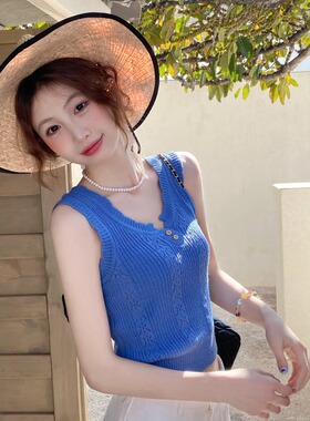蓝色针织吊带背心女2026春夏新款设计感绝美内搭打底无袖外穿上衣