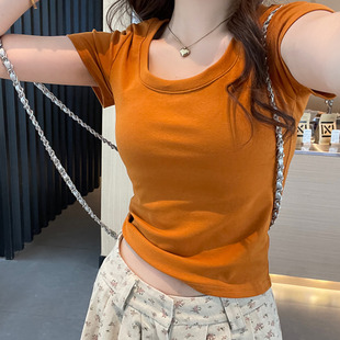 新款 南瓜橘色修身 T恤女2025夏季 短款 多巴胺显瘦独特上衣 正肩短袖