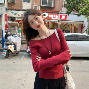 T恤露肩针织内搭打底衫 早秋斜肩长袖 2025新款 红色一字肩上衣女装