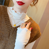 女内搭莫代尔长袖 白色薄款 半高领木耳边打底衫 T恤2025春秋冬上衣