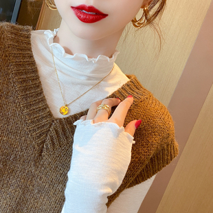 T恤2026春秋季 女内搭莫代尔长袖 上衣 半高领木耳边打底衫 白色薄款