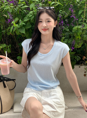 龙妹蓝色圆领莱赛尔短袖T恤女2026新款夏季薄款棉麻宽松显瘦上衣