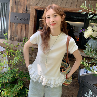 龙妹家白色圆领蕾丝短袖 设计感独特绝美小上衣 T恤女2025新款 夏季