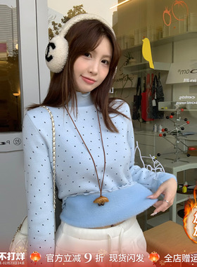 龙妹蓝色波点半高领加绒打底衫女内搭毛衣2026冬新款加厚针织上衣