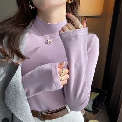 紫色半高领长袖打底衫女内搭上衣
