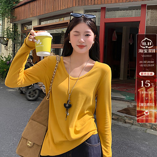 姜黄色V领正肩长袖T恤女2026早秋新款内搭轻薄打底衫宽松好看上衣