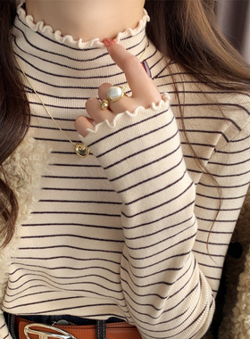 杏色条纹半高领针织打底衫女装秋冬内搭2025新款气质毛衣长袖上衣