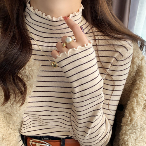 条纹半高领长袖内搭针织衫女