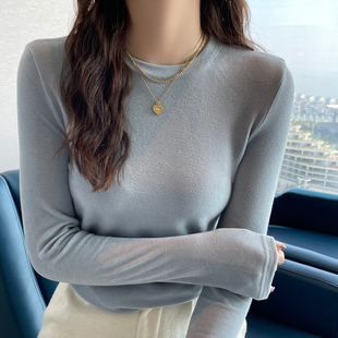磨毛保暖打底衫女冬内搭加绒2026新款浅蓝色圆领长袖T恤德绒上衣