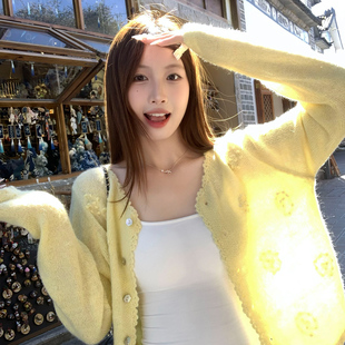 龙妹黄色羊毛针织开衫外套女2026春夏新款设计感薄款防晒高级上衣