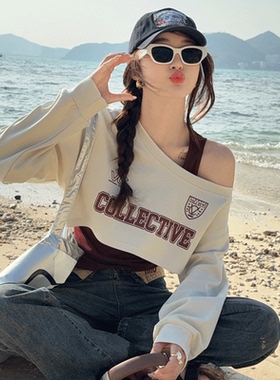 短款斜肩长袖T恤女两件套装2026春装新款穿搭卫衣吊带露肩小上衣