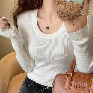 女春秋冬季 内搭长袖 高级感2025新款 修身 上衣 白色针织衫 圆领打底衫