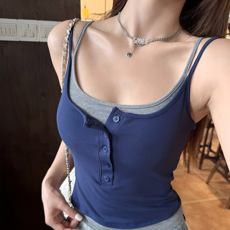 龙妹家蓝色假两件吊带带胸垫背心女夏外穿新款打底内搭无袖小上衣,女装/女士精品,背心吊带,淘宝优惠券,粉丝福利购,淘宝优惠卷