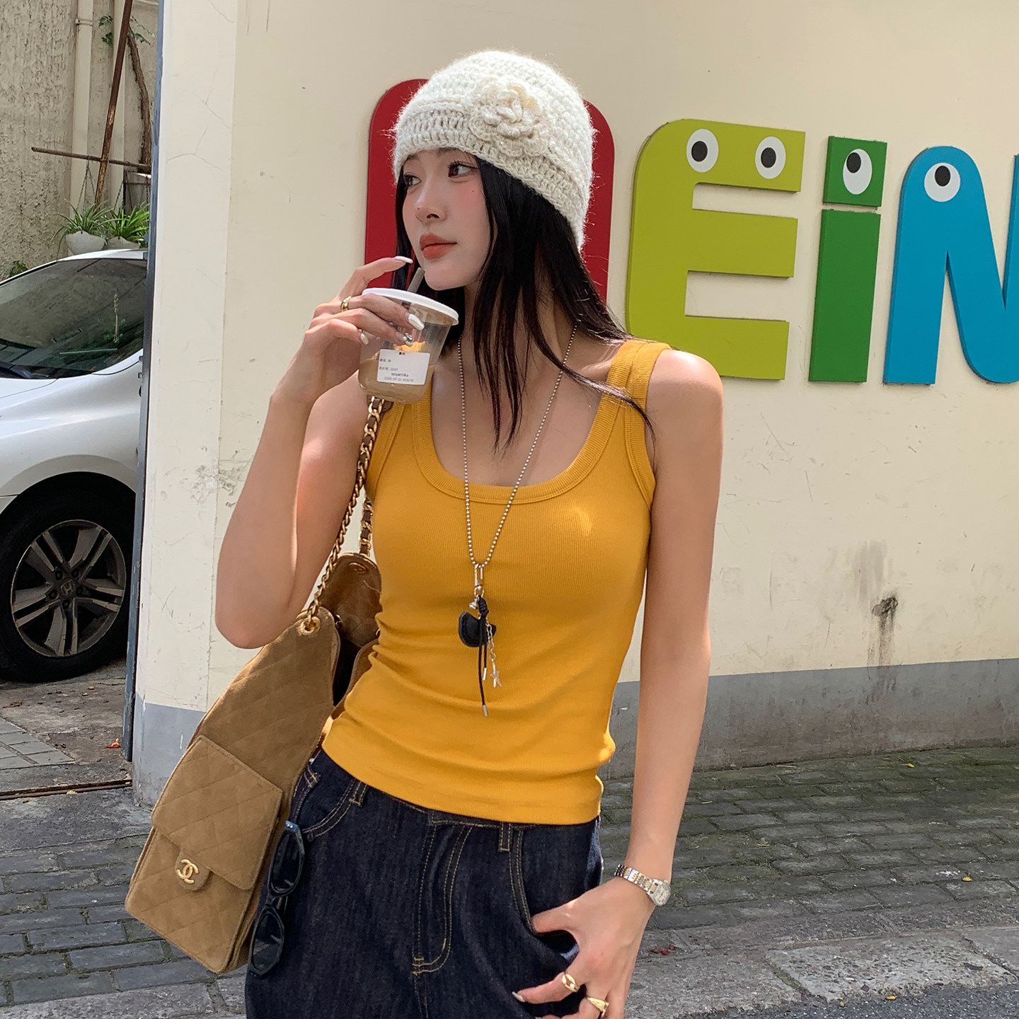 龙妹黄色美式工字吊带带胸垫背心女内搭外穿2026春夏新款无袖上衣