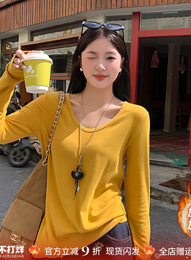 姜黄色V领正肩长袖T恤女2025冬季加绒内搭白色打底衫宽松好看上衣
