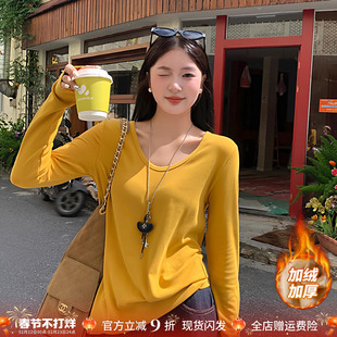 姜黄色V领正肩长袖T恤女2025冬季加绒内搭白色打底衫宽松好看上衣