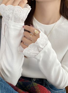 白色蕾丝花边加绒打底衫女秋冬2025新款内搭可外穿设计感加厚上衣
