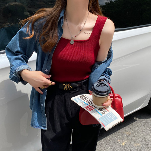 【方领针织小吊带】宽肩带遮副乳
