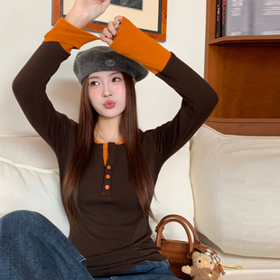 长袖 新款 T恤磨毛假两件上衣 女内搭2026冬季 龙妹家加绒加厚打底衫
