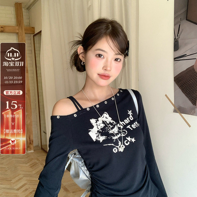 黑色斜肩长袖T恤打底衫女装内搭2026秋装新款露肩修身一字肩上衣
